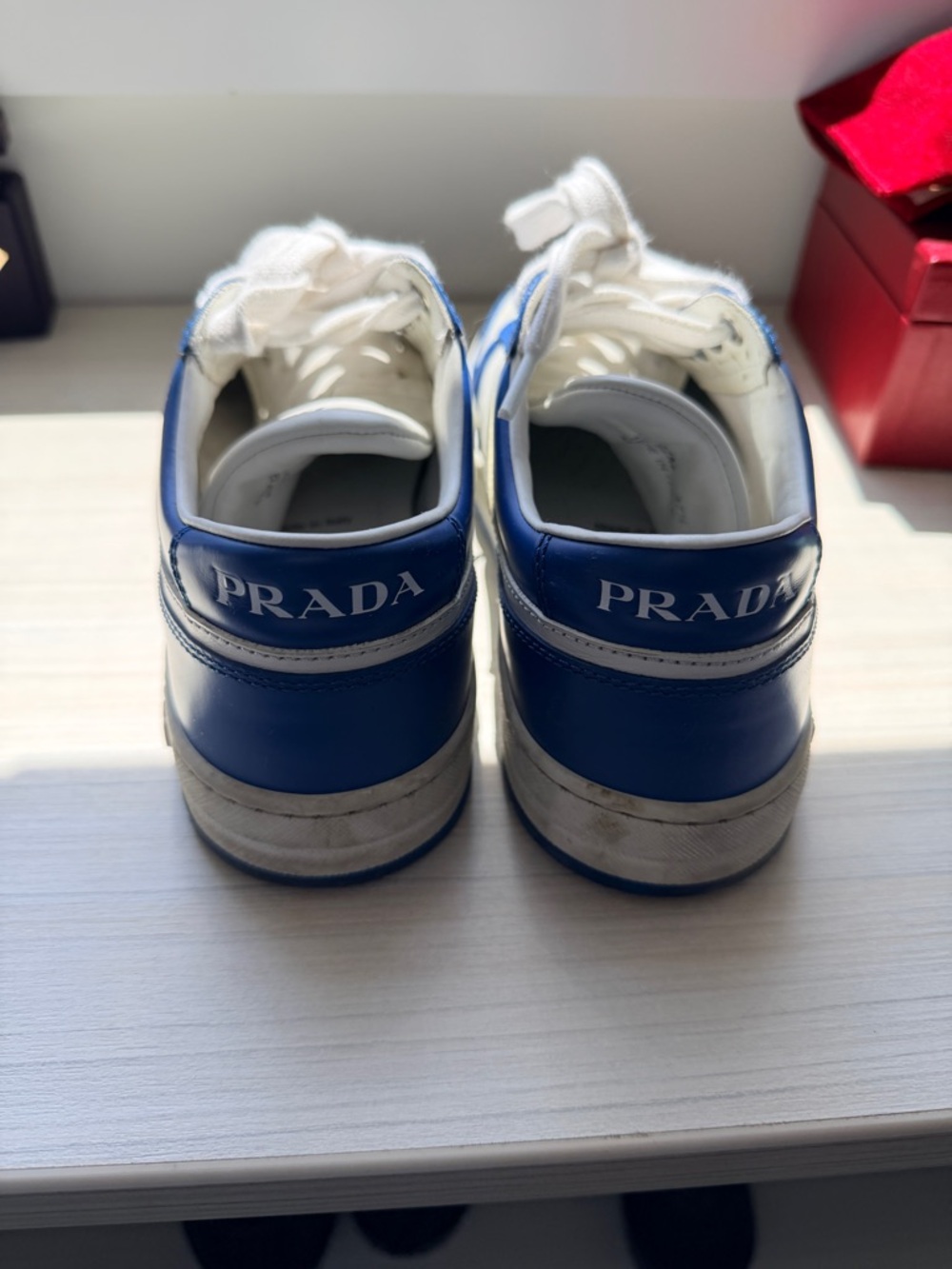 Prada Women’s White and Blue Leather Sneakers with Logo Plaque - Picture 4 of 4